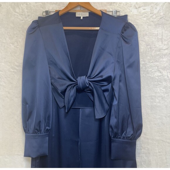 WAYF Pantsuit 2 Piece Satin Crop Tie Top Wide Leg Pants Navy Blue Large - Picture 14 of 14